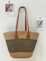 Handwoven khaki tote bag with brown leather handles and black striped accents - Brown Black Narrow Stripe