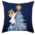 Detail of Christmas pillowcase featuring a cartoon angel decorating a tree in starry night - Little Angel Christmas Tree Starry Sky