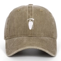 Detailed close-up of white Reaper embroidery on a vintage washed khaki cotton baseball cap - Adjustable / Khaki