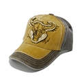 Dettaglio del cappello da baseball retrò con ricamo teschio di toro e bordi sfilacciati - M (56-58cm) / Giallo Senape (Mix Grigio)
