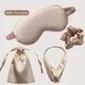 Milk tea faux silk sleep set including eye mask, scrunchie, headband and storage bag - 4pcs Set (Short Bag) / Milk Tea