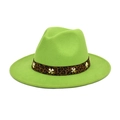 Detail of neon green fedora with leopard print band and gold cross studs on the side - M (56-58cm) / Fruit Green