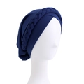 Detailed view of dark blue elastic turban hat with hand-braided trim and pleated fabric - One Size / Navy Blue