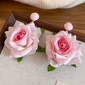 Handmade pink fabric rose flower earrings with silver needle post for women - 3D Floral Leaf Style (36#) / Earring Posts / Pink