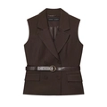 Donkerbruine double-breasted vestenset met riem en broek met hoge taille voor dames - XS / Kostuumvest / Donkerbruin