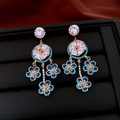 Vintage silver needle earrings with sea blue crystal flowers and gold plating finish - 57# Silver Earring Post - Gold - Blue - Dark Blue Floral Zircon Long