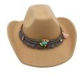 Khaki western cowboy fedora featuring ethnic style tassel band and turquoise stone - Ethnic Style Decor / Camel
