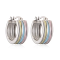 Close-up of silver hoop earrings with yellow, blue, and pink enamel stripes on white background - Ear Buckle / Silver Yellow Blue Pink Striped