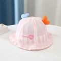 Detail of pink mesh baby sun hat with smile embroidery and colorful heart accents - Kids' Universal Size / Double Heart Pink
