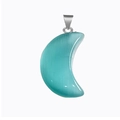 Crescent moon pendant crafted from polished turquoise gemstone with silver metal bail - Light Blue Cat's Eye