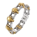 Bracciale teschio hip hop in acciaio bicolore oro e argento con maglie a catena di bici - Stile Patchwork Oro e Argento (KB57086-BD)