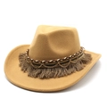 Detail of camel felt fedora with woven tassel band and gold chain accent decoration - M (56-58cm) / Camel