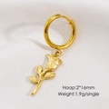 Detail view of a 16mm gold rose charm hoop earring with engraved floral petals and leaves - Rose