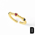 Adjustable gold plated beaded ring with red blue and green heart-shaped gemstones - Tri-Color Heart Gemstone Open Ring