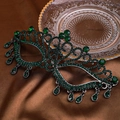 Dark green crystal masquerade mask with antique silver metal frame and teardrop pendants - Black Green / 19*6.5cm