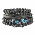 Mens multi-layer bracelet set with blue tiger eye, matte lava stone and woven leather - Crown Leather Rope 4-Piece Set