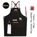 Black heavy duty canvas work apron with leather cross-back straps and multi-pockets - New Leather Strap Thick Black Canvas with Loop