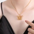 Gold-plated titanium steel necklace with a hollow butterfly pendant and clear crystals - P1532-Butterfly Rhinestone Pendant Necklace / 40+5cm / Gold