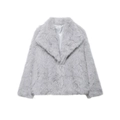 Light gray faux fur jacket with wide lapels and thick warm plush texture on white background - S / Gray