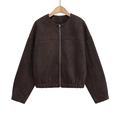 Women's dark brown faux suede bomber jacket with front zipper and round neck design - XS / Coffee