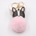 Bulldog faux leather keychain with fluffy pink pompom and golden metal lobster clasp - Pink