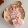 Detailed view of pink baby lace headband and socks set with glitter ears and mesh flower - 4643 Pink Ear Headband + Socks