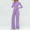 Three-piece purple yoga set featuring a slim-fit zip cardigan and high-waist flared pants - S / Top And Bottom / 2-Piece Set (Jacket + Wide Leg Pants) / Lilac Purple