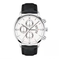 Men's quartz watch with silver steel case, white dial, black leather strap, and calendar - Silver Case White Face Black Strap