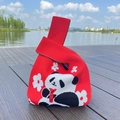 Red knit tote bag with panda jacquard pattern and single handle knot closure - Red Floral Panda