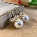 Elegant gold bow earrings with sparkling crystals and large round white pearls - E5630 Silver Needle - White