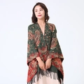 Châle femme vert foncé et rouge à motifs paisley avec franges de style bohème - Vert/Cachemire de feuilles