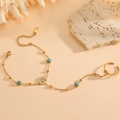 Vergoldete Edelstahl-Handkette mit türkisfarbenen Perlen und Lebensbaum-Anhänger für Damen - Lebensbaum Fingerarmband (D810)