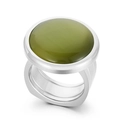 Wide silver titanium ring featuring a large round green cat eye gemstone for women - US 6 / Silver Olive Green Cat's Eye Style (KR107550-K)