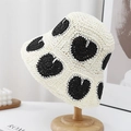 Foldable straw sun hat with black heart pattern on cream woven texture for women - One Size (54-58cm) / Milky White