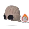 Camel winter knit beanie with integrated black goggles and thick warm fleece lining - Khaki