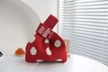 Detail of red knit tote bag with white polka dots and Stay Hungry text design - Red with White Dots