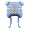 Blue and white striped knit baby hat with bear ear pom-poms and earflaps - One Size / Blue