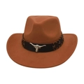 Brown western wool felt cowboy hat featuring a black leather band and silver bull head accent - One Size / Khaki