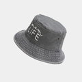 Detail view of washed cotton bucket hat featuring white mom LIFE embroidery and metal eyelets - Gray