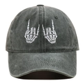 Macro shot of white skeleton hands embroidery on a washed cotton vintage baseball cap - Army Green