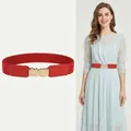Elastic red belt with gold metal buckle for dresses and coats, stylish waist accessory - Red