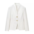 Elegant white V-neck blazer with two gold buttons for women in a sleek minimalist design - S / White Top