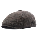 Winter herringbone newsboy hat for men in dark brown with cozy lining and metal buckle - Adjustable / Khaki