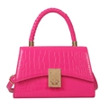 Hot pink handbag with crocodile texture, woven handle and gold hardware in trapezoid shape - Rose Red
