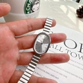 Elegant silver oval dial ladies watch with chain link strap held over lifestyle background - Silver Band Silver Case White Dial