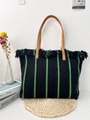 Black woven beach tote with green stripes, black fringe trim and brown leather handles - Black & Green Stripes