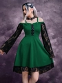 Gothic dark green dress with black floral lace sleeves and corset style front lacing - Green