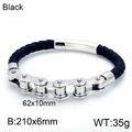 Men's black braided leather bracelet with silver chain, size 210mm x 6mm and 35g weight - Steel Smooth