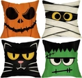 Set of four linen Halloween cushion covers with pumpkin, mummy, cat, and monster designs - Halloween Series 4-Piece Set-29