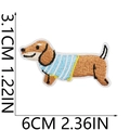 Detailed view of brown dachshund embroidery patch in striped shirt with size dimensions - US 15